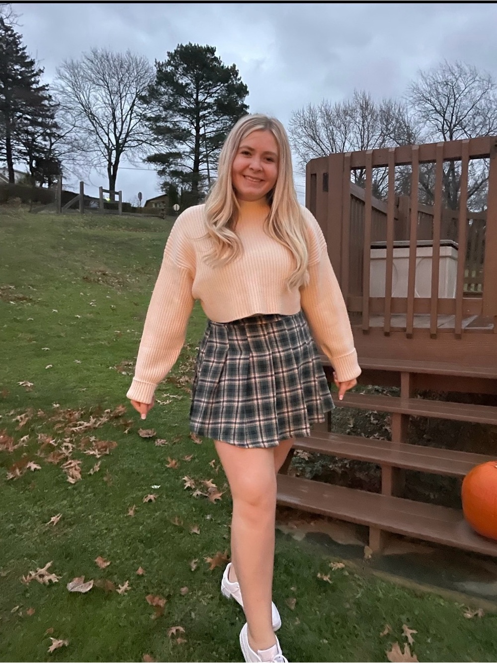 Women's Green Plaid Skater Skirt and Cream Sweater Set